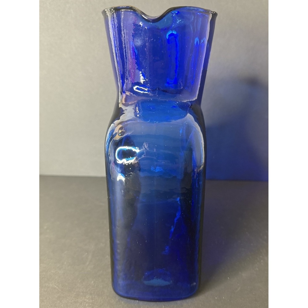 VTG Blenko Glass 384 Cobalt Blue Double Spout Water Bottle Pitcher Foil Label - Picture 6 of 13